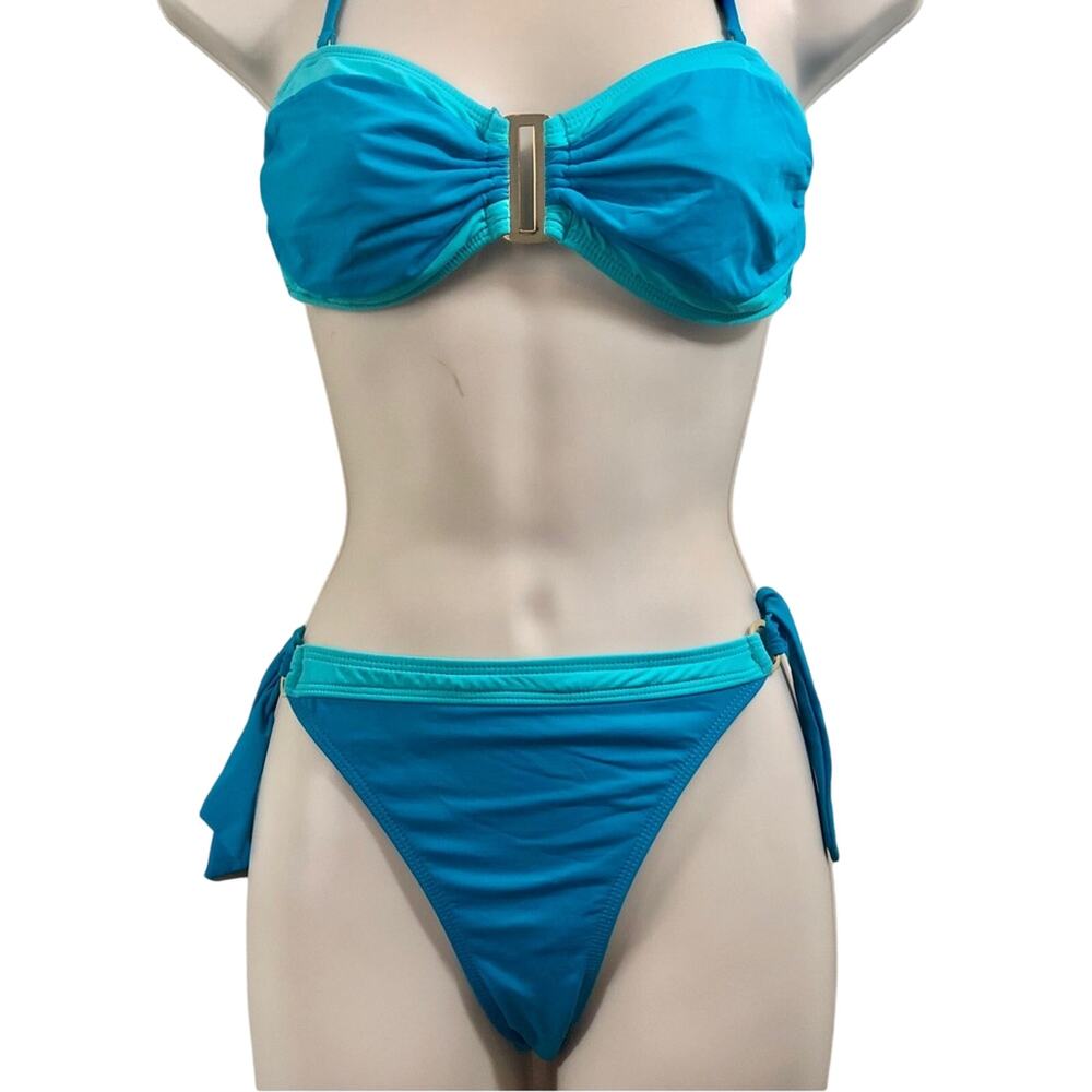Leilani Bright Blue with Turquoise Trim Bikini Bathing Suit Gold Tone Trim